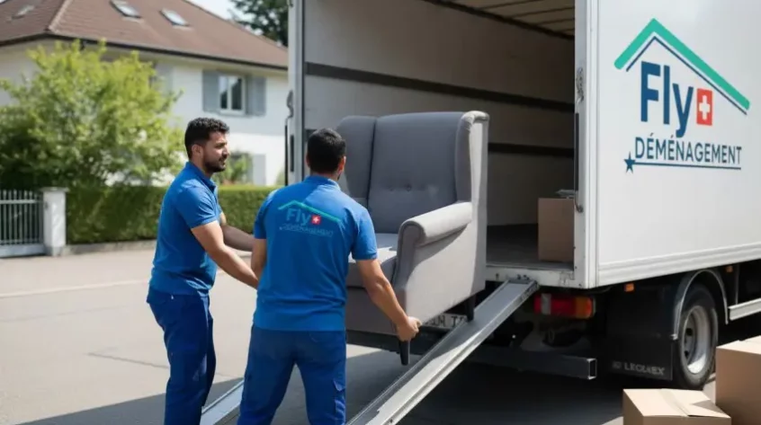 Des transporteurs Fly déménagement qui chargent du mobilier dans un camion