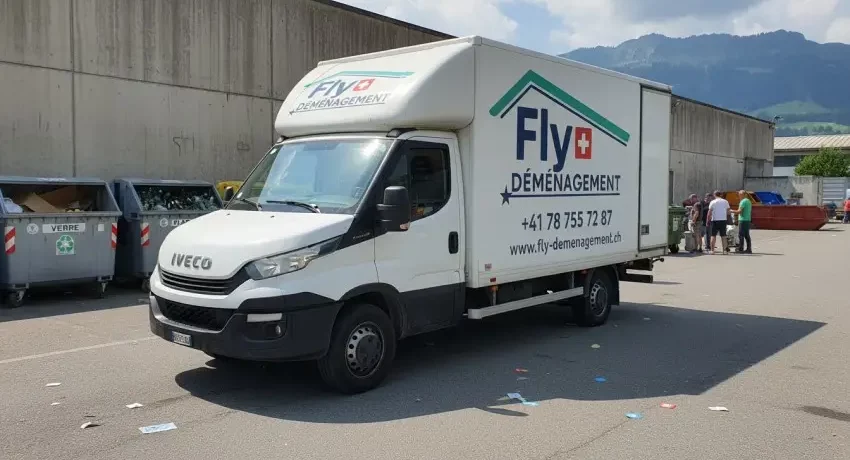 Camion débarras devant un centre de recyclage en Suisse Fly déménagement